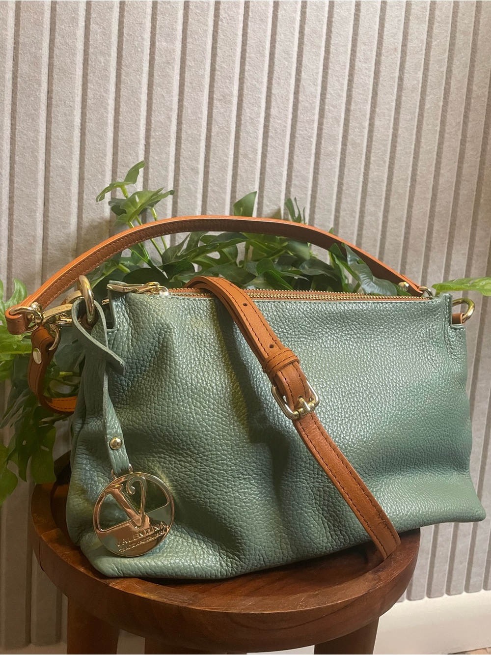 Valentina Italian Pebbled Leather Purse Bag Old Money Sage Green Tan Zip